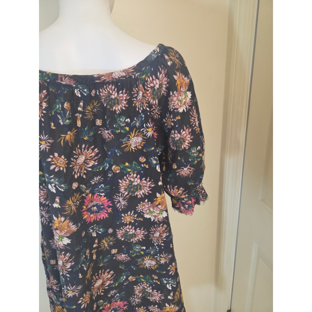 Natural Life Floral Cotton Mini Dress Black Boho Tie Front Fringe L/XL - Picture 9 of 10